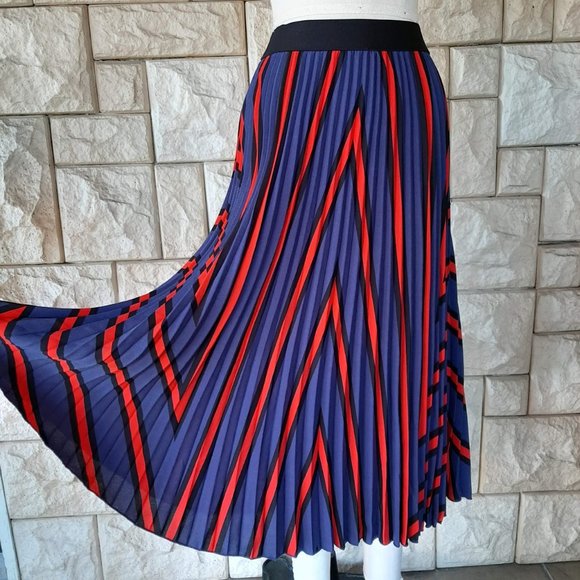 H&M Dresses & Skirts - H&M Blue/Red/Black Striped Pleated Midi Skirt S